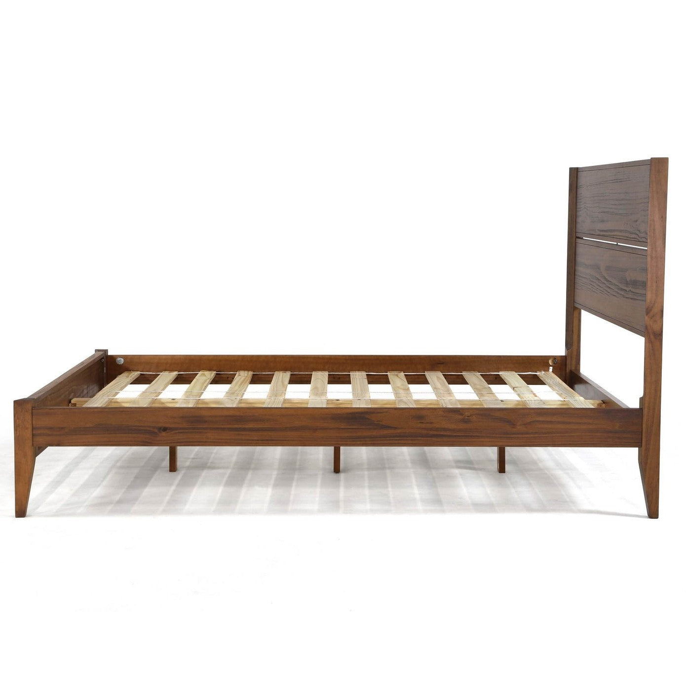 Full Size Rustic Walnut Mid Century Slatted Platform Bed-2