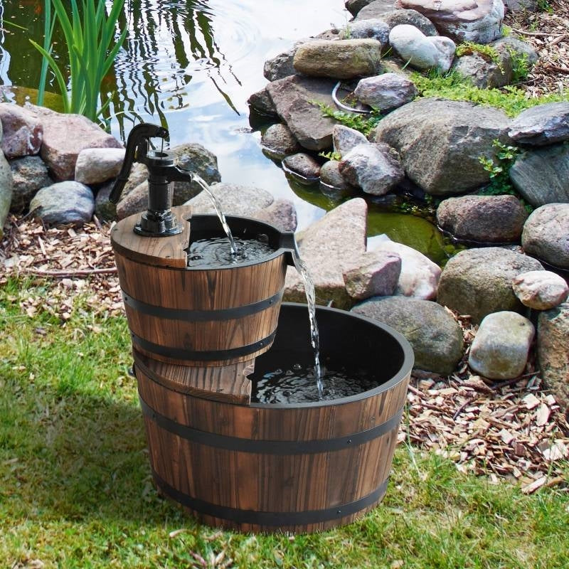 Outdoor 2-Tier Solid Wood Whisky Barrel Waterfall Fountain with Electric Pump-0