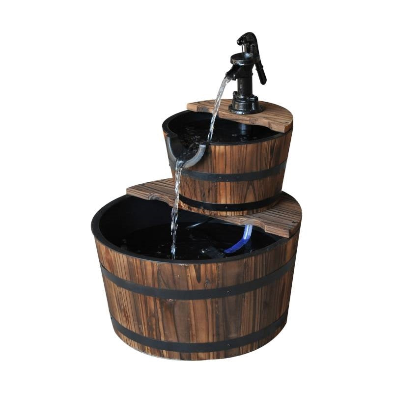 Outdoor 2-Tier Solid Wood Whisky Barrel Waterfall Fountain with Electric Pump-1