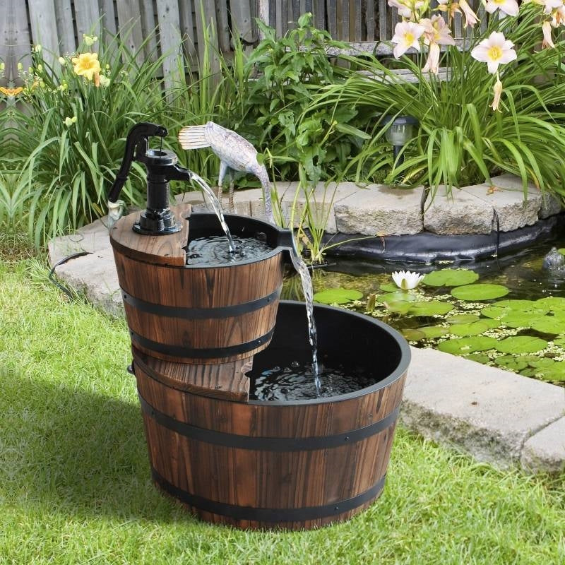 Outdoor 2-Tier Solid Wood Whisky Barrel Waterfall Fountain with Electric Pump-2