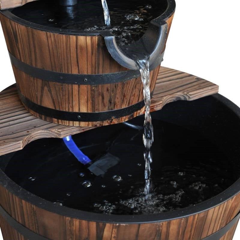 Outdoor 2-Tier Solid Wood Whisky Barrel Waterfall Fountain with Electric Pump-3