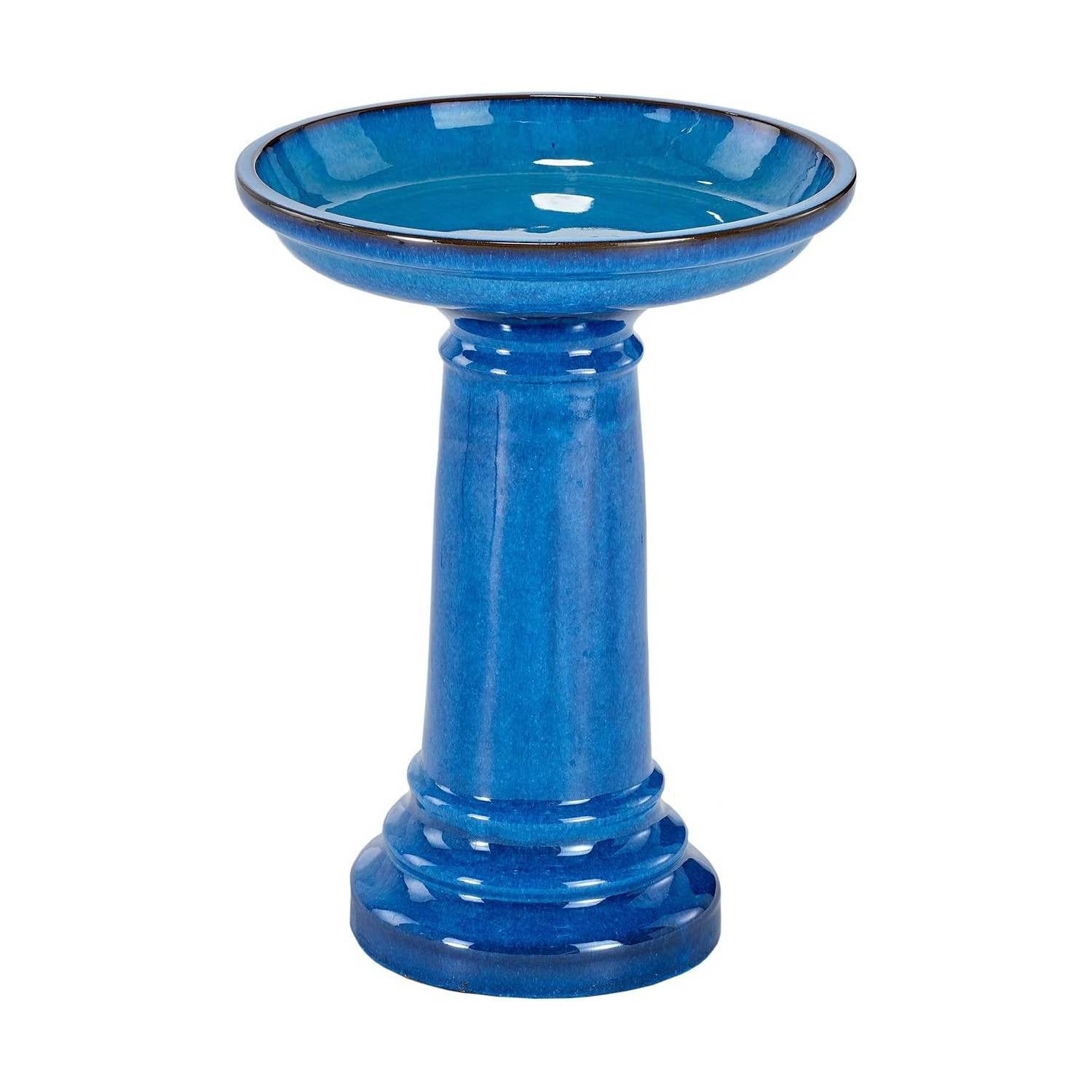2 Gallon Blue Ceramic Traditional Outdoor Patio Garden Birdbath-0