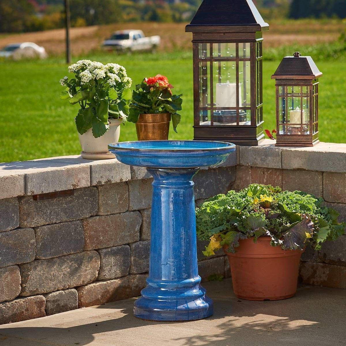 2 Gallon Blue Ceramic Traditional Outdoor Patio Garden Birdbath-1