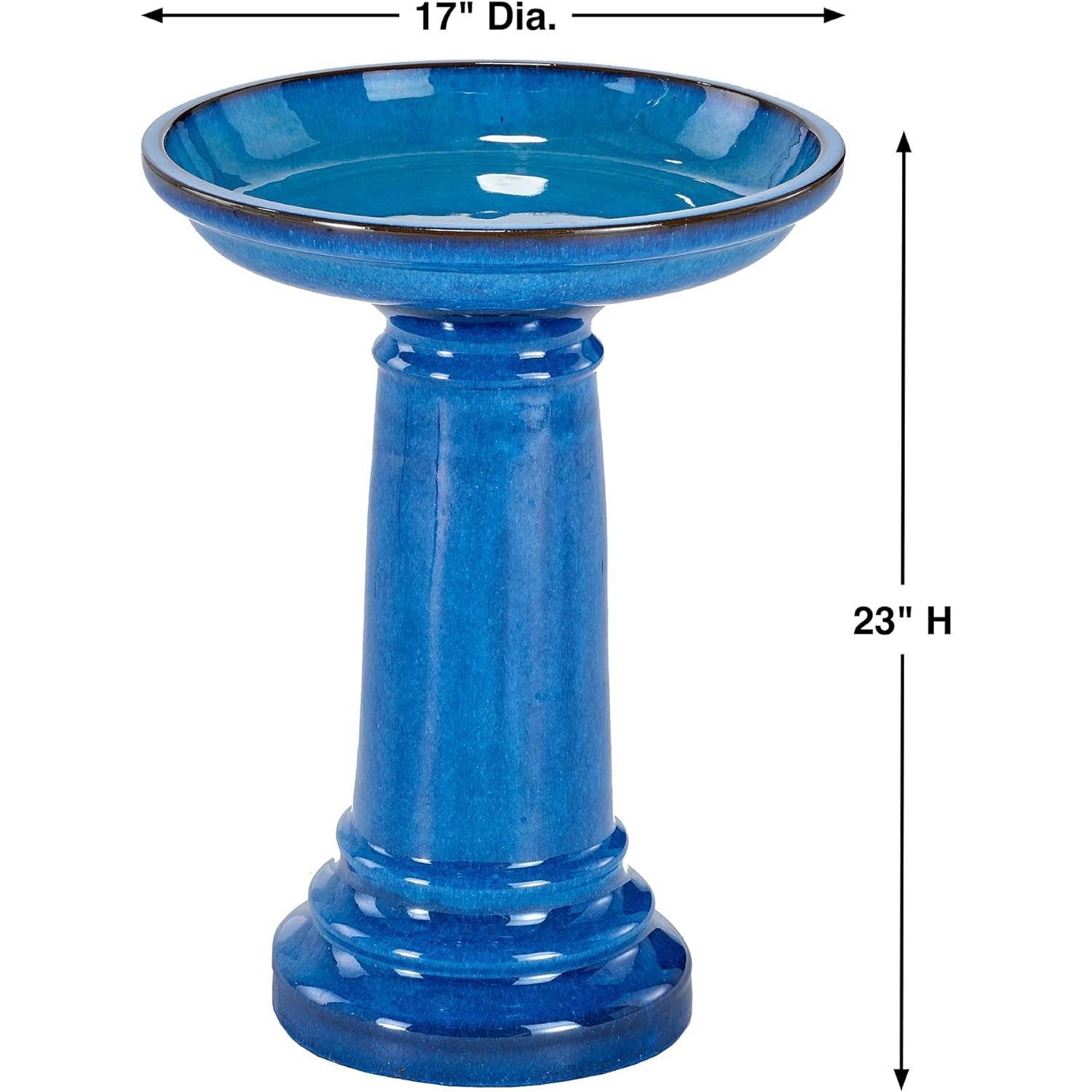 2 Gallon Blue Ceramic Traditional Outdoor Patio Garden Birdbath-2