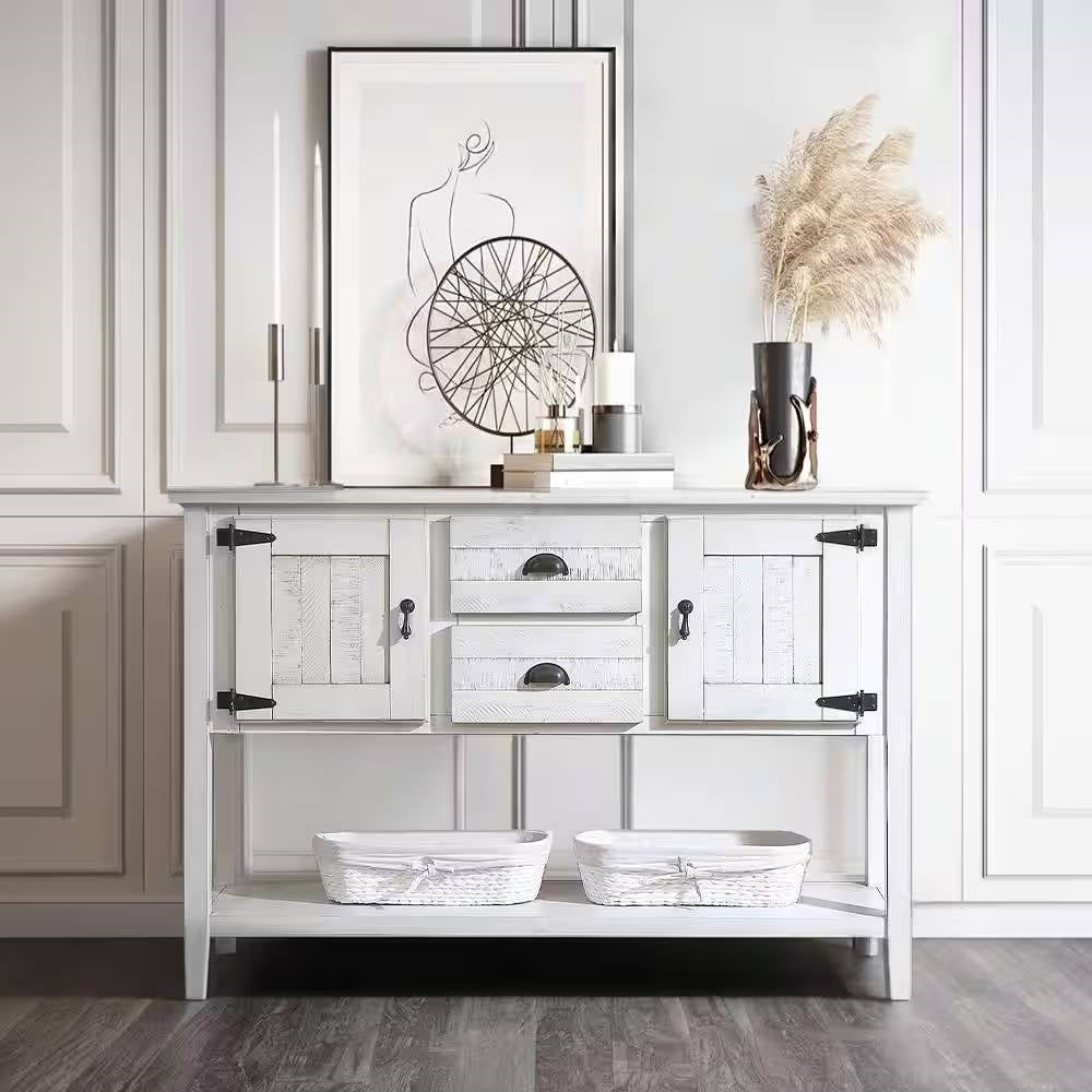 Farmhouse Solid Wood Sofa Table with Storage Drawers in Rustic White Finish-3