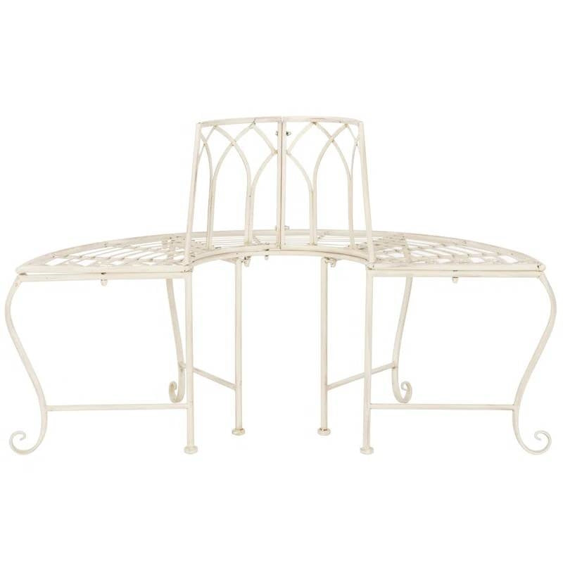 Half-Circle Outdoor Patio Garden Antique White Wrought Iron Tree Bench-3