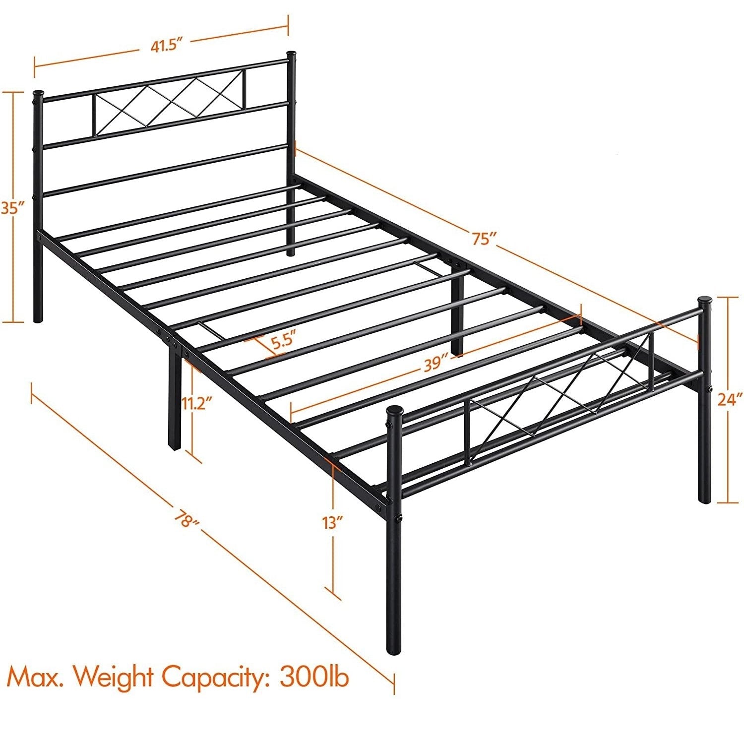 Twin Size Traditional Powder Coated Slatted Metal Platform Bed-4