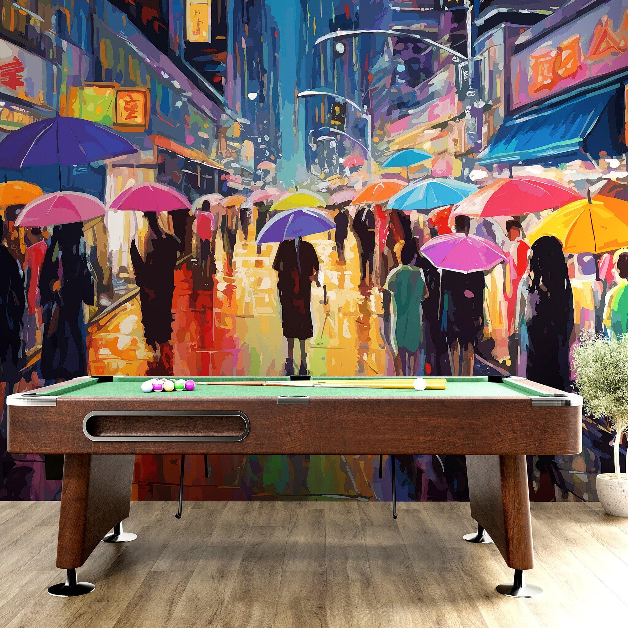 Raining Cityscape Wallpaper Mural - Abstract Color Mural. #6762