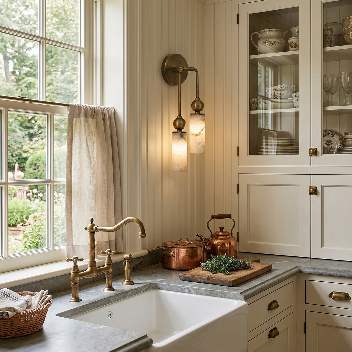 Natural Alabaster Wall Sconce with Brass Hardware | Warm Glow Bedside Light