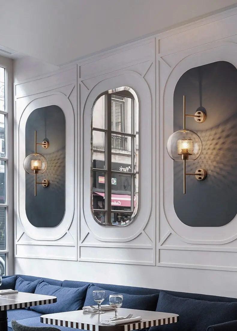 Modern Glass Wall Sconce with Gold or Chrome Finish | Pipe & Ball Design