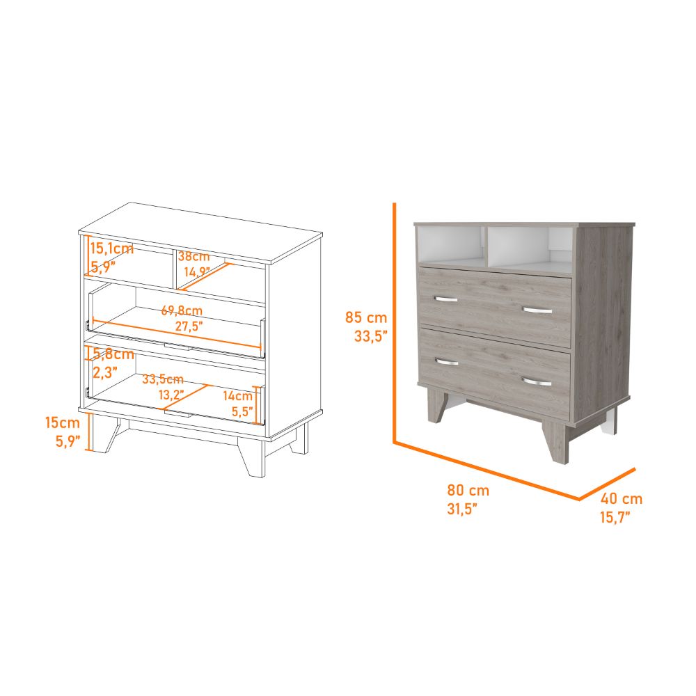 Double Drawer Dresser Arabi, Two Shelves, Light Gray / White Finish-4