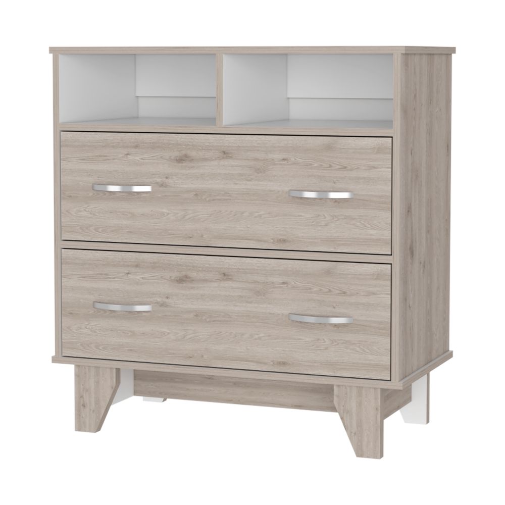 Double Drawer Dresser Arabi, Two Shelves, Light Gray / White Finish-2