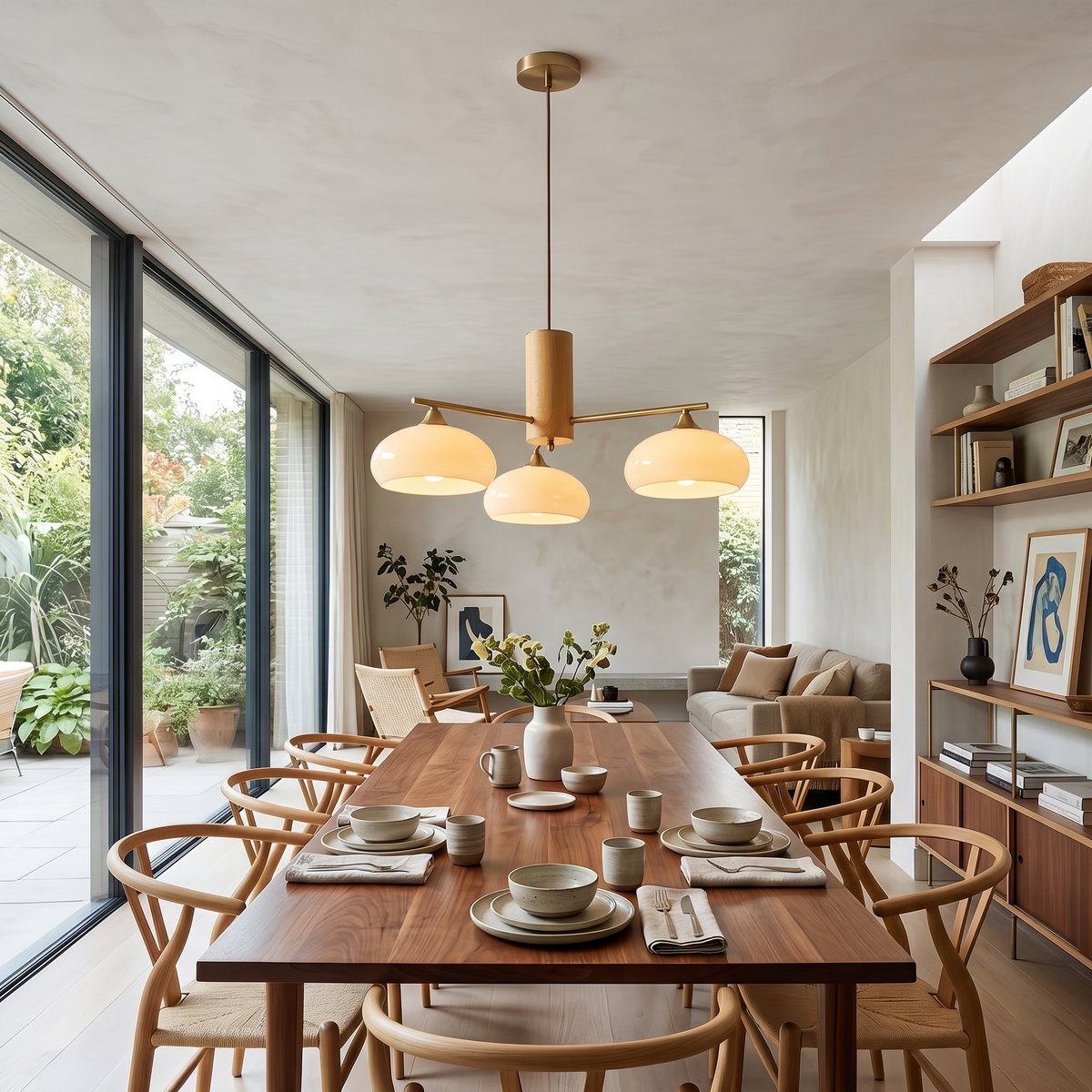 Elliptical Glass Globe Chandelier with Brass Arms | Dining Table Light Fixture