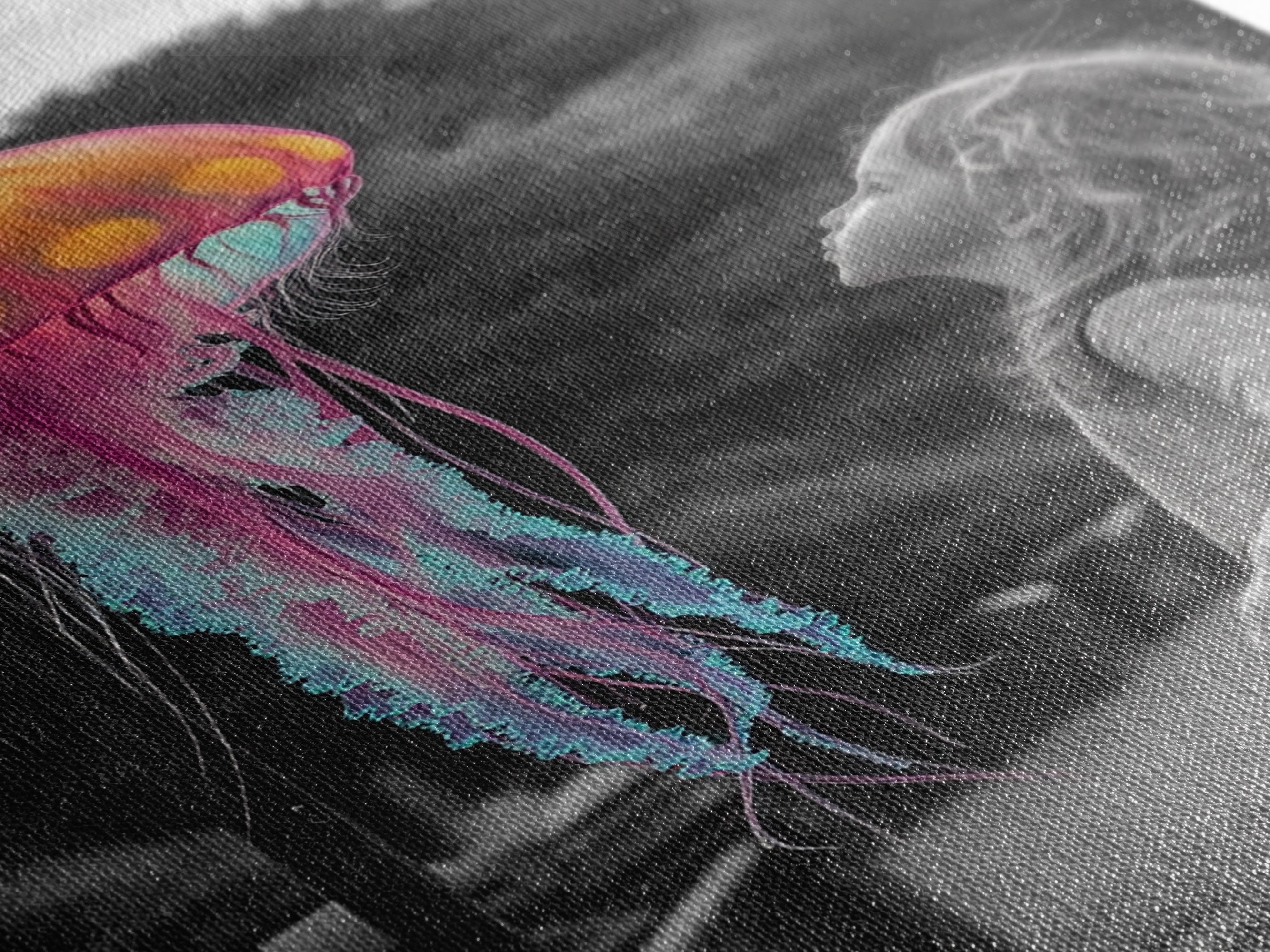 Surreal Jellyfish, Child Wonder, Fantasy Ocean Scene, Framed Canvas Print, Kids Room Wall Art, Vibrant Color Pop Art, Dreamy Decor