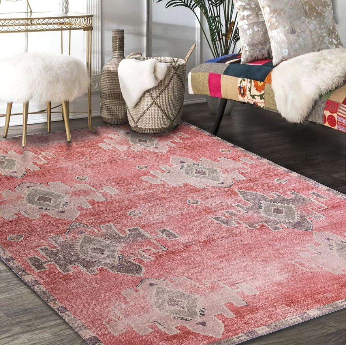 Aurelie Distressed Red Pink Beige Turkish Rug