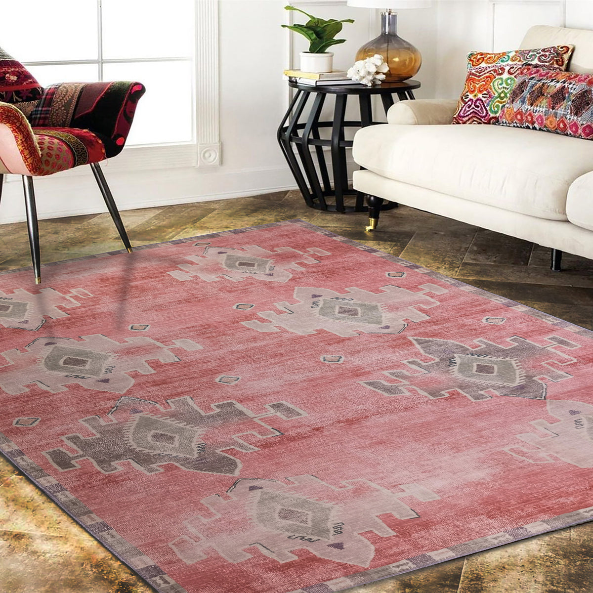 Aurelie Distressed Red Pink Beige Turkish Rug
