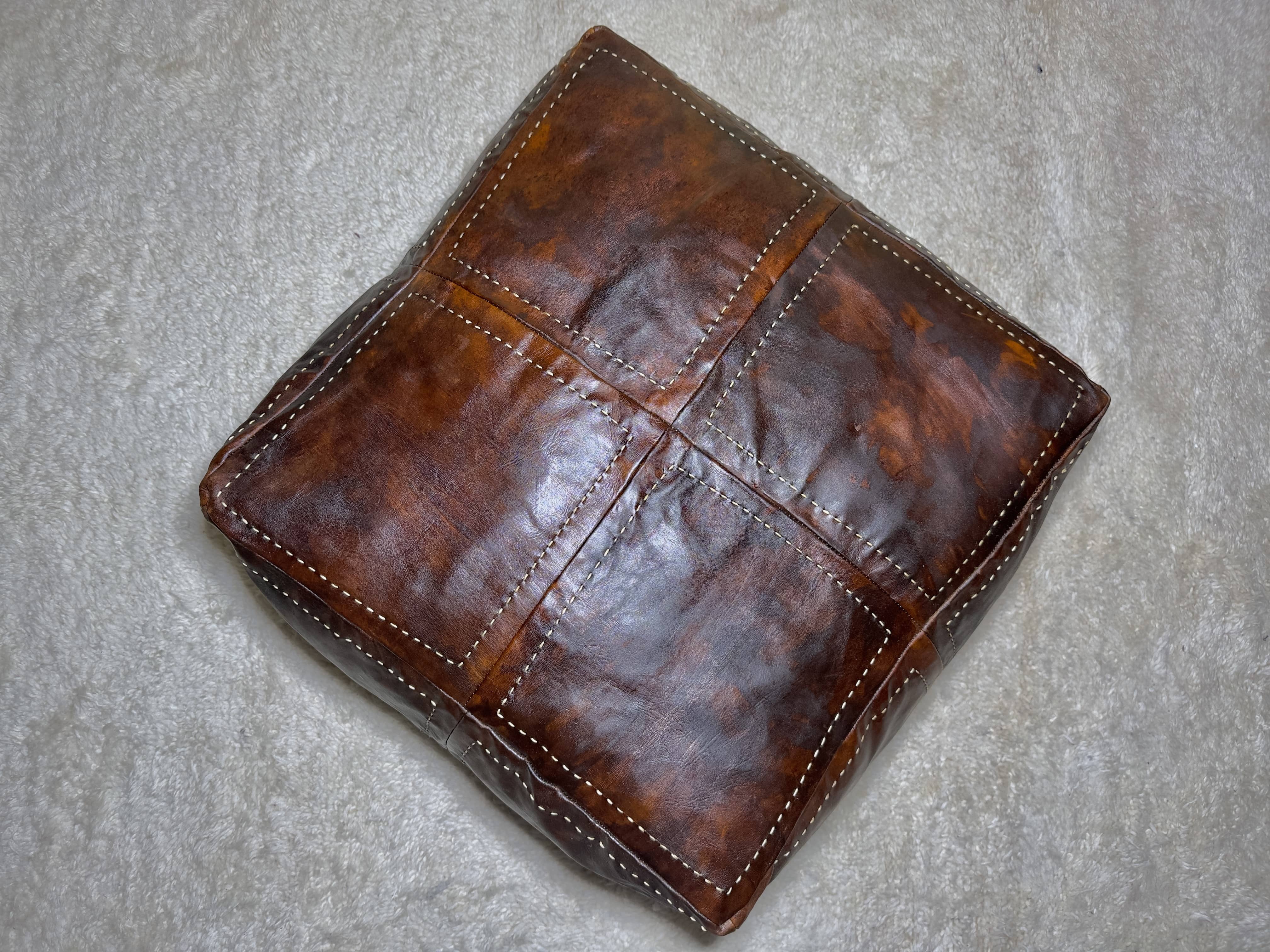 Enrich Your Living Space with Our Sumptuous  Brown Square Leather Pouf:  A Touch of Moroccan Elegance-2