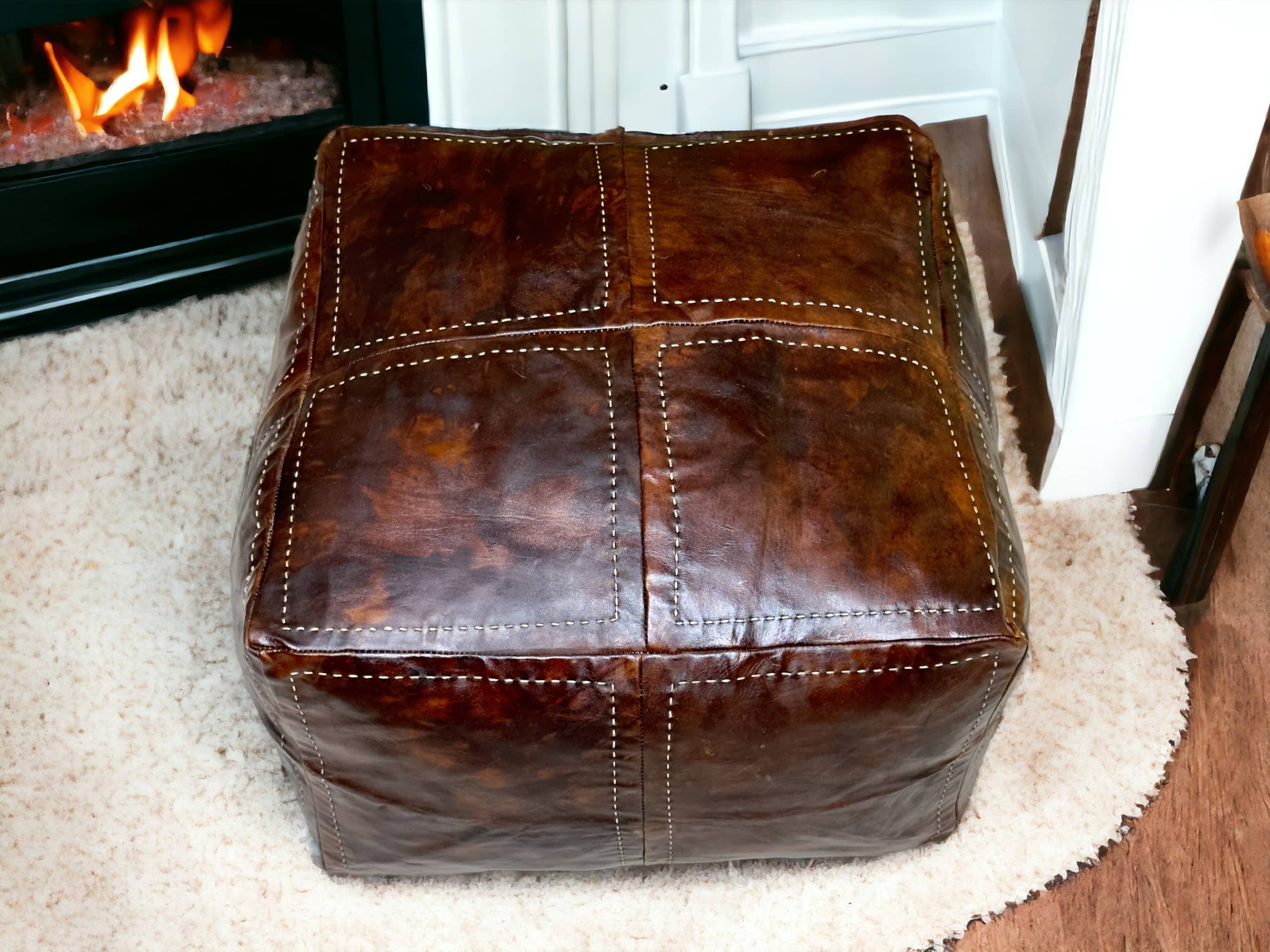 Enrich Your Living Space with Our Sumptuous  Brown Square Leather Pouf:  A Touch of Moroccan Elegance-1