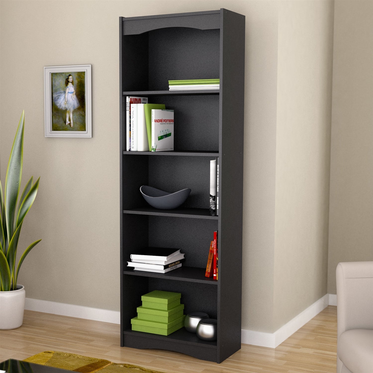 Contemporary Black Bookcase with 5 Shelves and Curved Accents-1