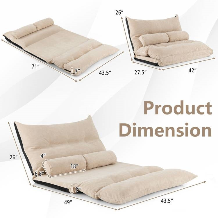 Modern Adjustable Floor Lounge Chair Sofa Bed with 2 Lumbar Pillows in Beige-4