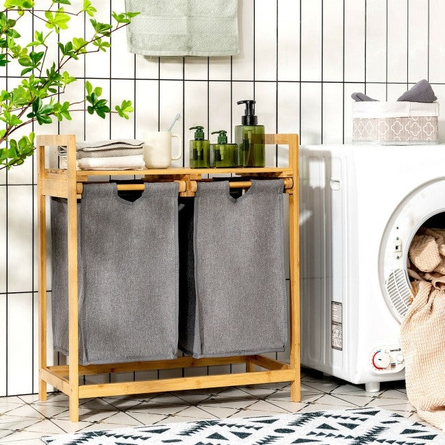 Natural Bamboo 2 Bin Sliding Laundry Hamper with Storage Shelf-2