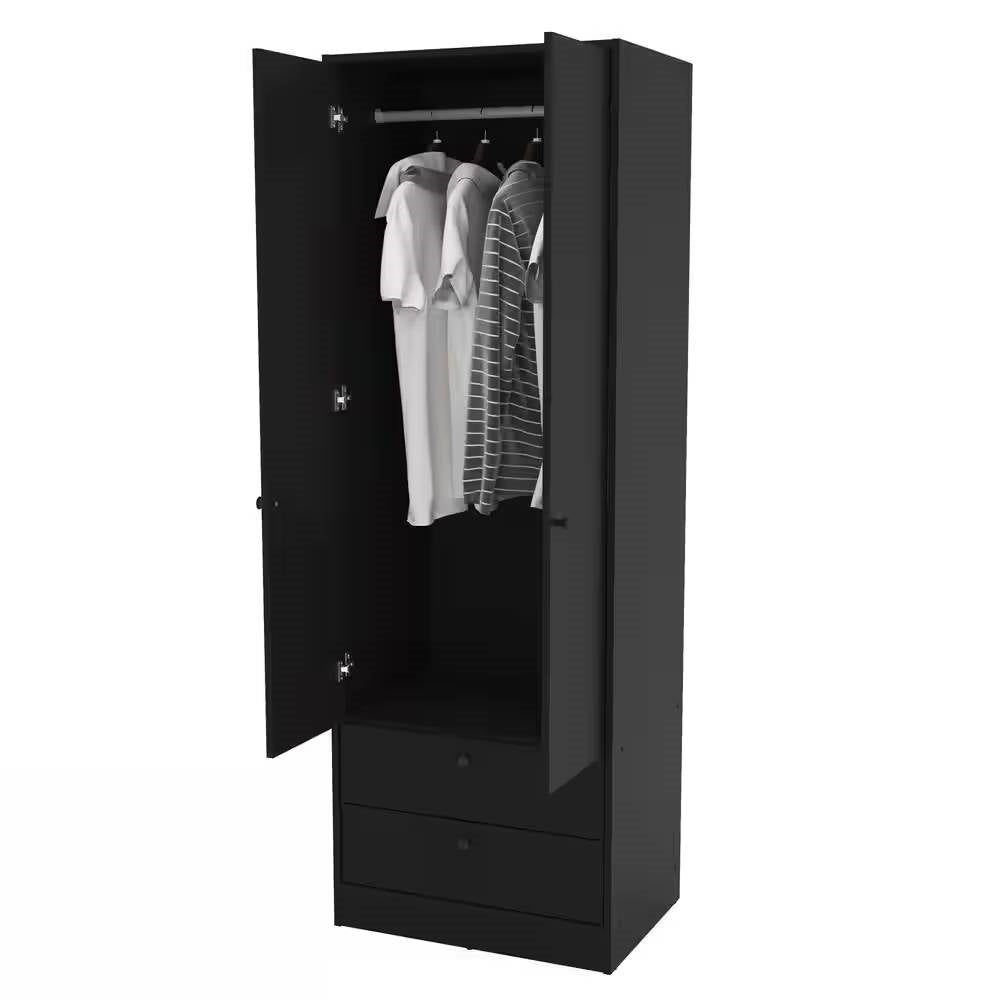 Black 2-Door Bedroom Armoire Wardrobe Cabinet with Hanging Rod and 2-Drawers-0