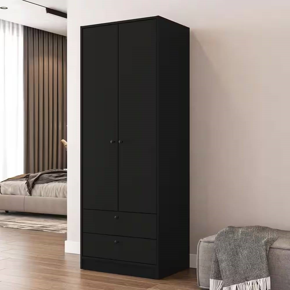 Black 2-Door Bedroom Armoire Wardrobe Cabinet with Hanging Rod and 2-Drawers-1