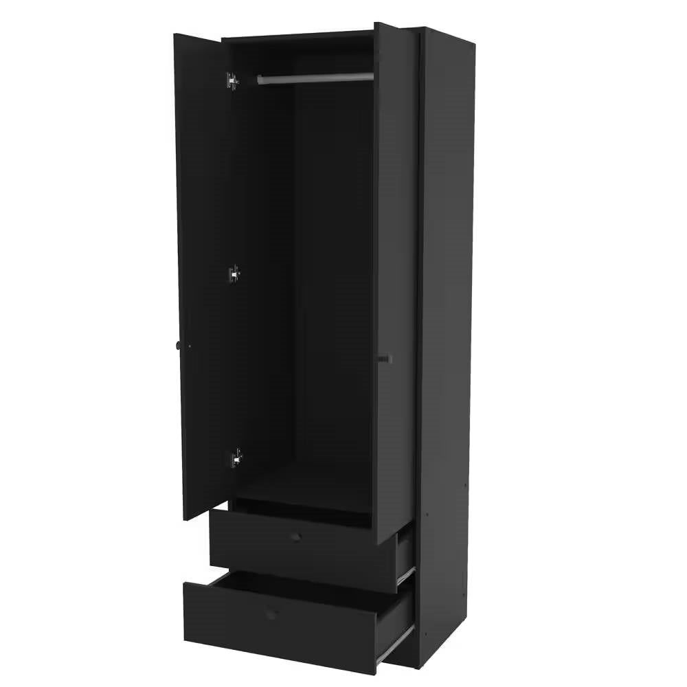 Black 2-Door Bedroom Armoire Wardrobe Cabinet with Hanging Rod and 2-Drawers-3