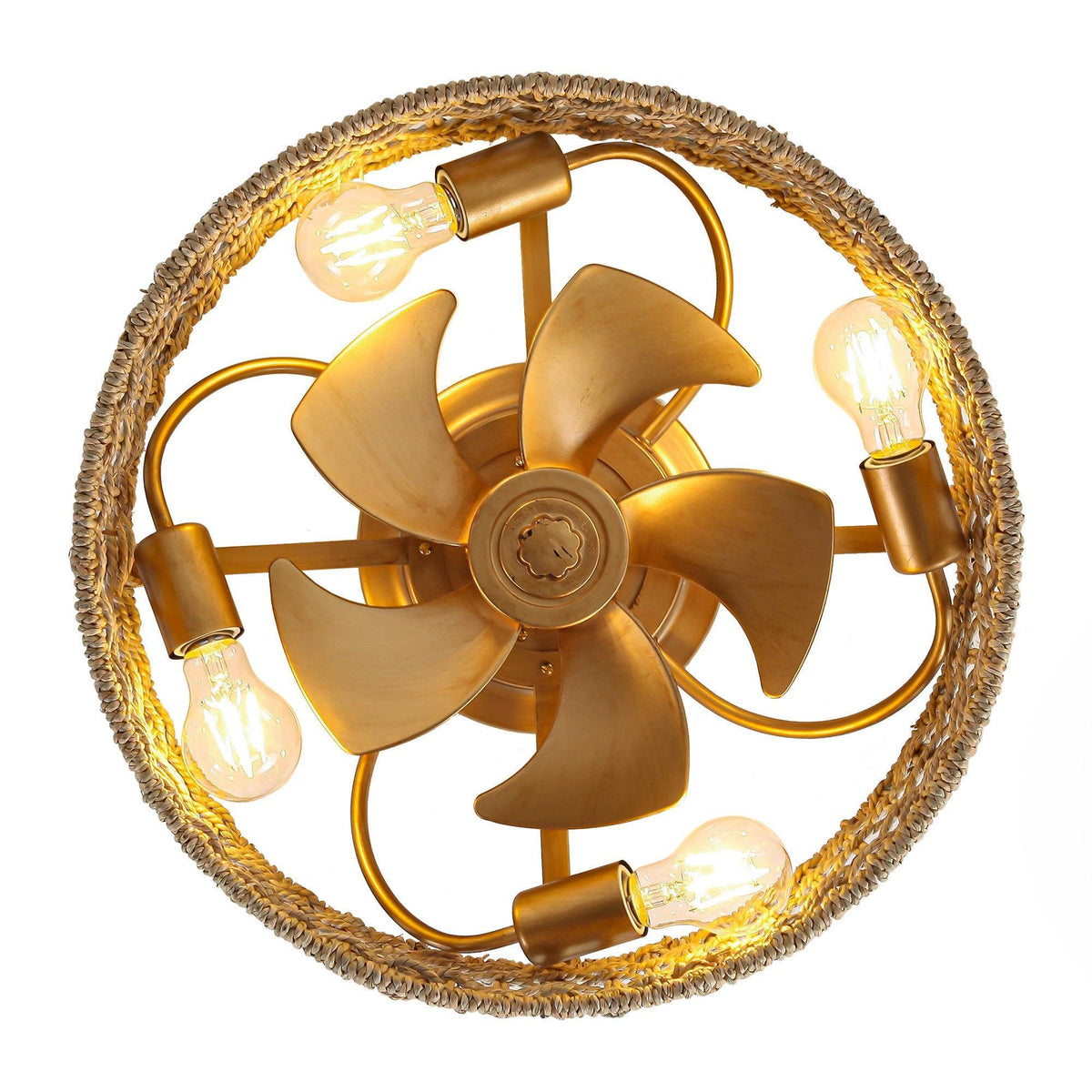 18 Inch Vintage Gold Farmhouse Rattan Flush Mount Ceiling Fan with Light APP and Remote Control