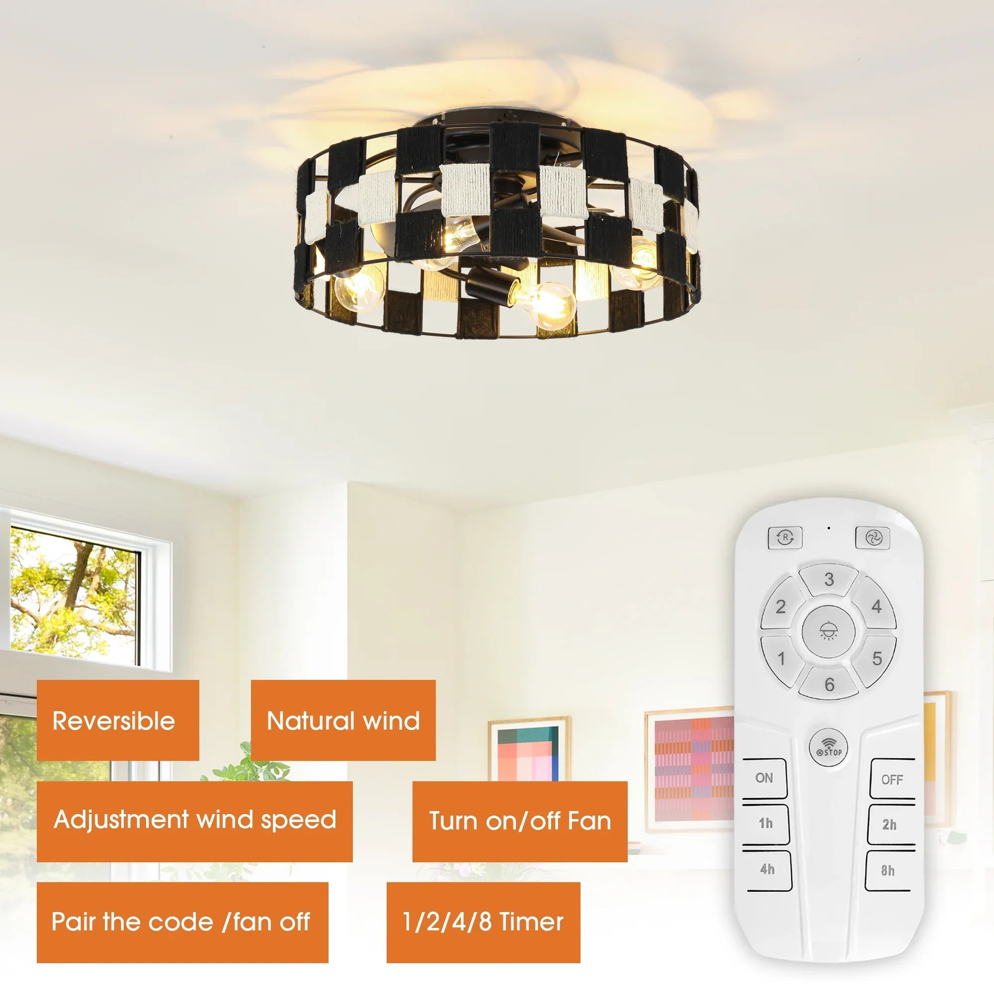 18 Inch Black Industrial Flush Mount Ceiling Fan with Light APP and Remote Control