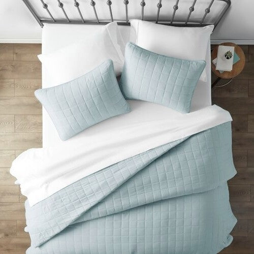 3 Piece Microfiber Farmhouse Coverlet Bedspread Set Light Blue, Full/Queen-0