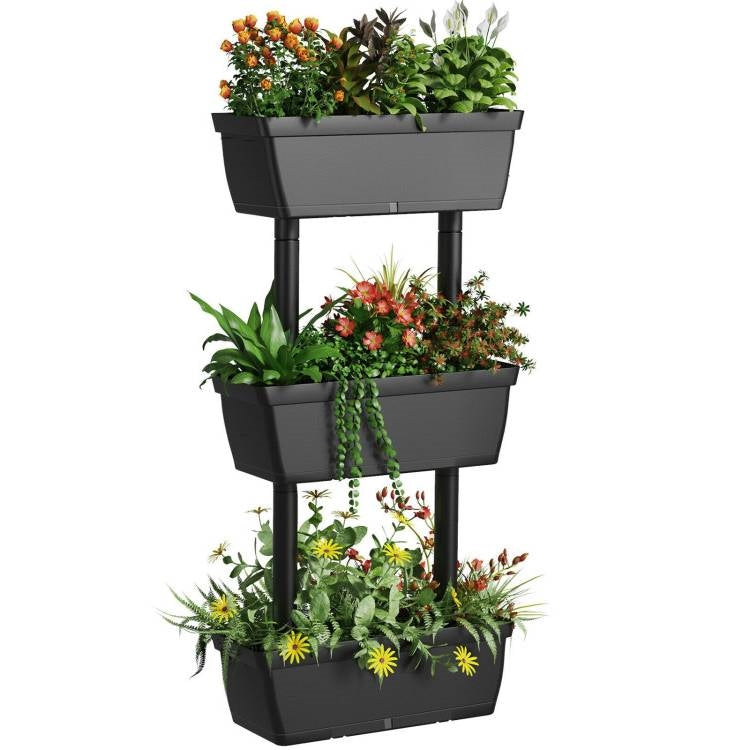 Modern Vertical 3-Tier Indoor Outdoor Black PP Raised Garden Bed Planter Box-0