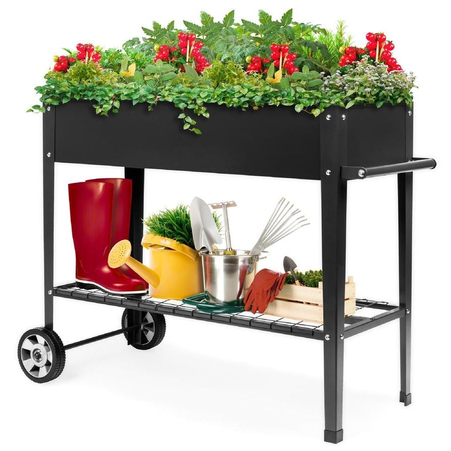 Mobile Black Metal Garden Potting Bench with Push Handle Wheels-0