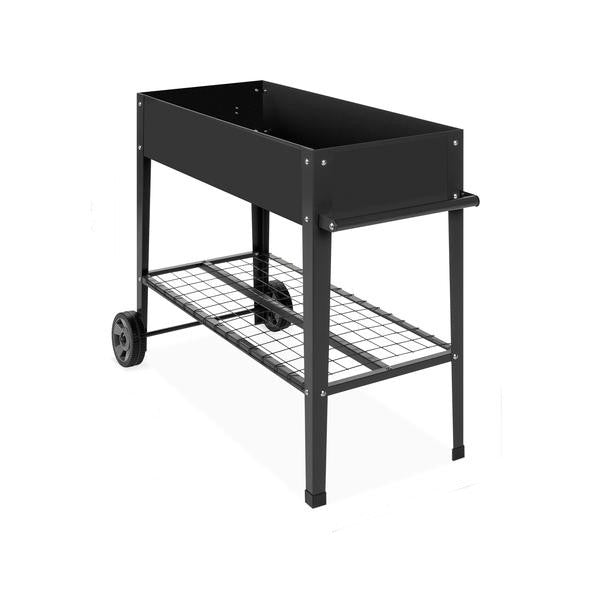 Mobile Black Metal Garden Potting Bench with Push Handle Wheels-1