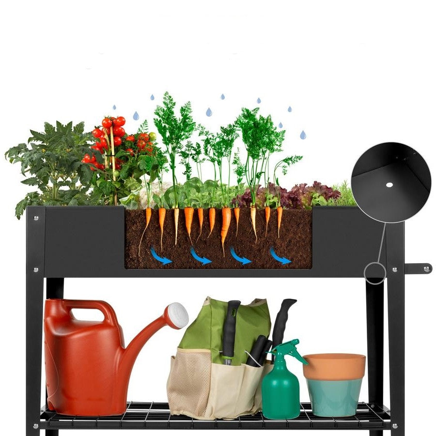 Mobile Black Metal Garden Potting Bench with Push Handle Wheels-2