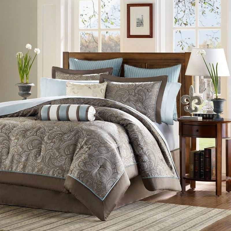 California King 12-piece Reversible Cotton Comforter Set in Brown and Blue-3