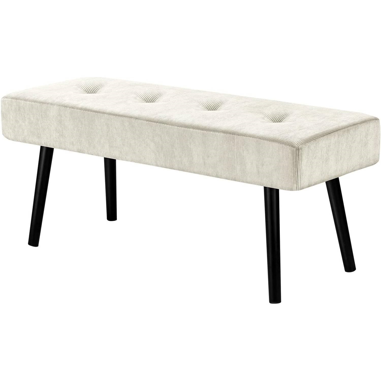 Mid-Century Beige Corduroy Upholstered End of Bed Bench with Black Metal Legs-3