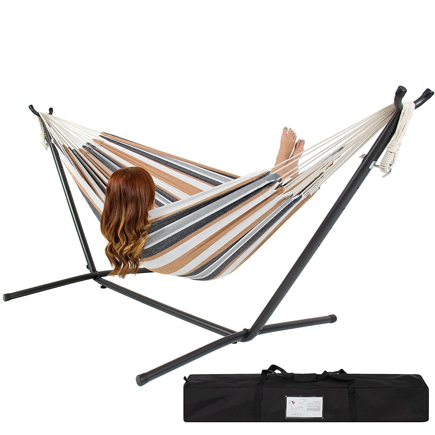 Portable Cotton Hammock in Desert Strip with Metal Stand and Carry Case-0