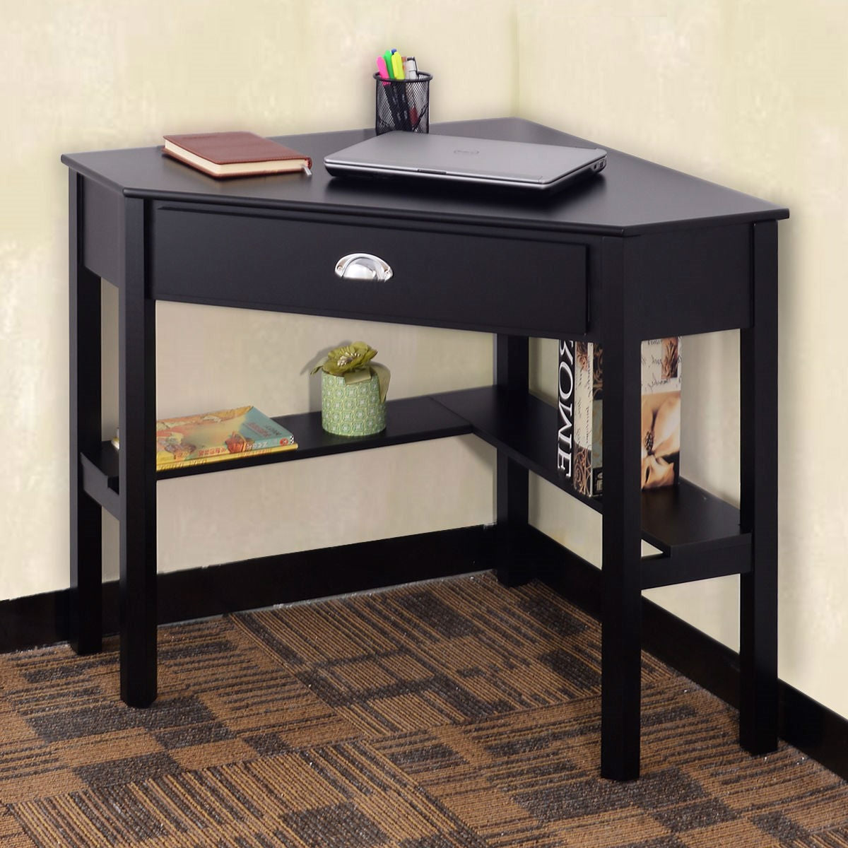 Corner Black Wood Computer Desk with Drawer-1