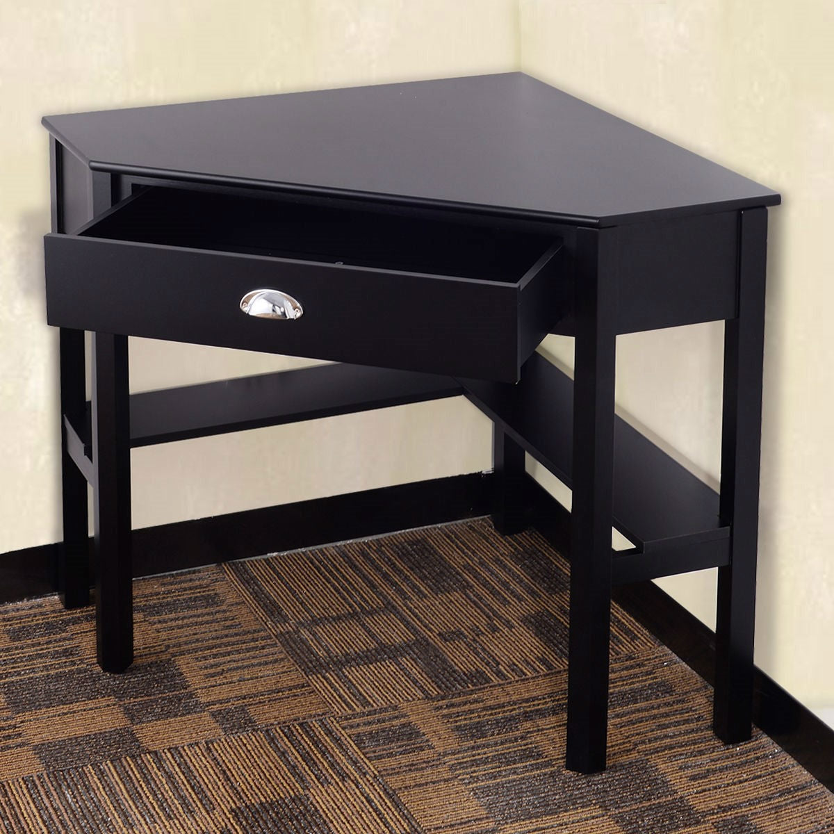 Corner Black Wood Computer Desk with Drawer-2