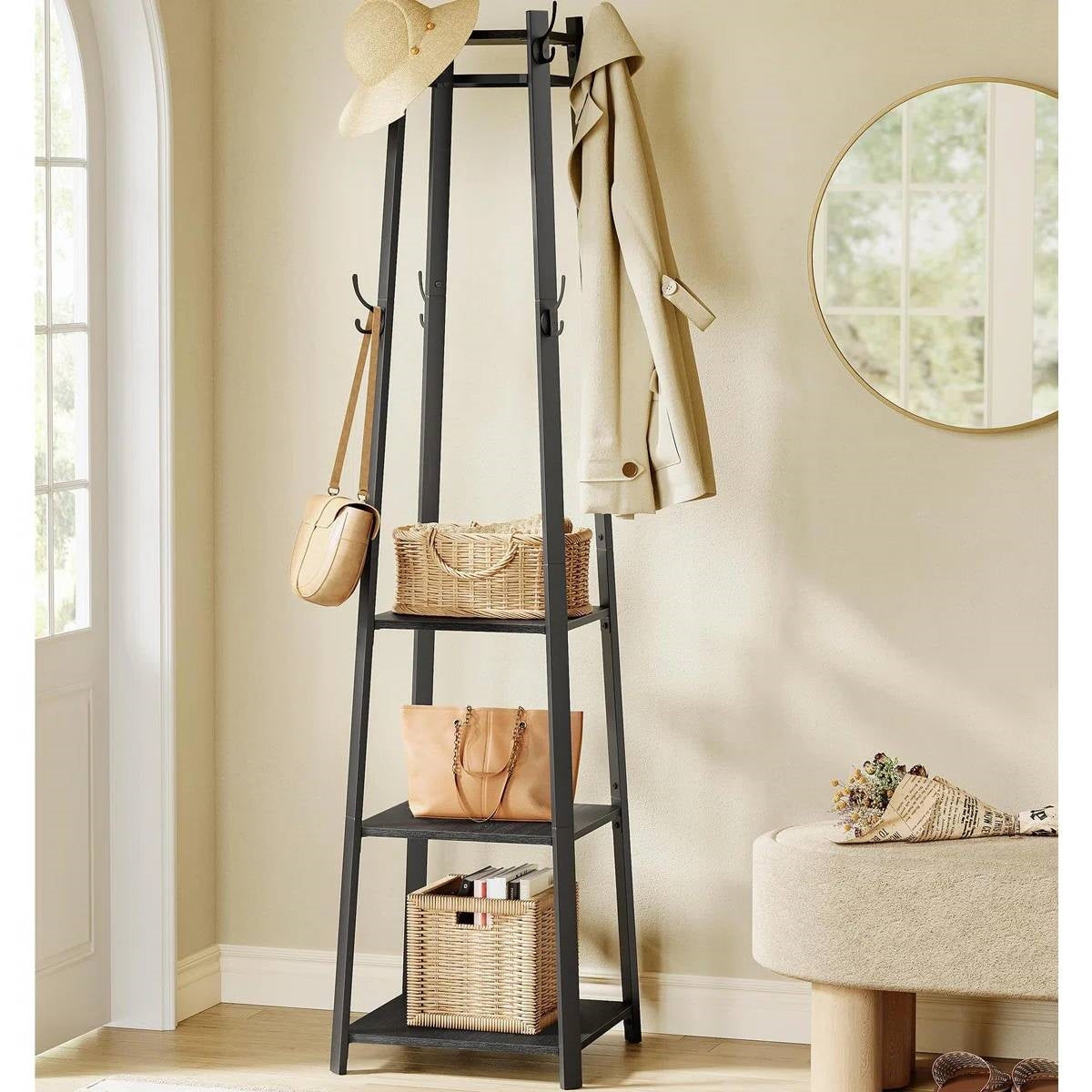 Modern Farmhouse Black Metal Coat Rack Entryway Hall Tree with Grey Wood Shelves-1