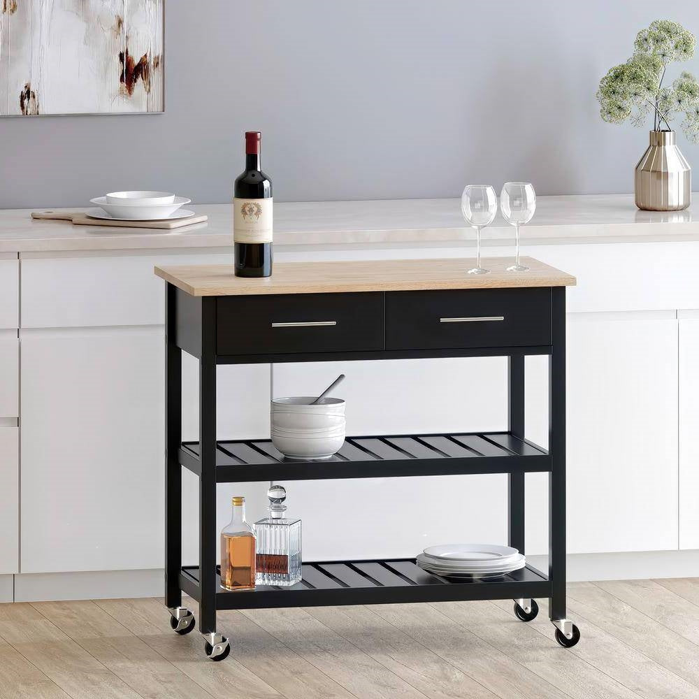 Modern Black Kitchen Island Cart with Wood Top 2 Drawers and 2 Bottom Shelves-0