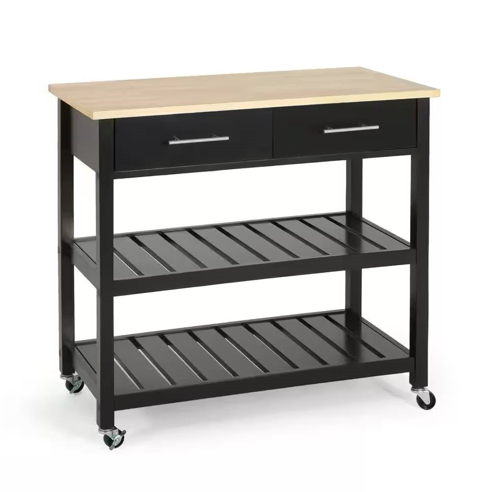 Modern Black Kitchen Island Cart with Wood Top 2 Drawers and 2 Bottom Shelves-1