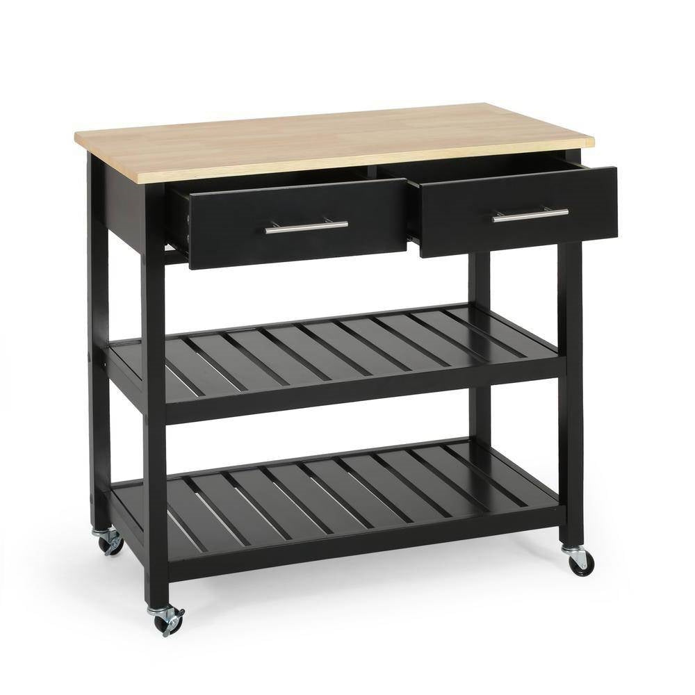 Modern Black Kitchen Island Cart with Wood Top 2 Drawers and 2 Bottom Shelves-2