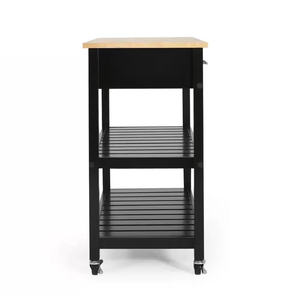 Modern Black Kitchen Island Cart with Wood Top 2 Drawers and 2 Bottom Shelves-3