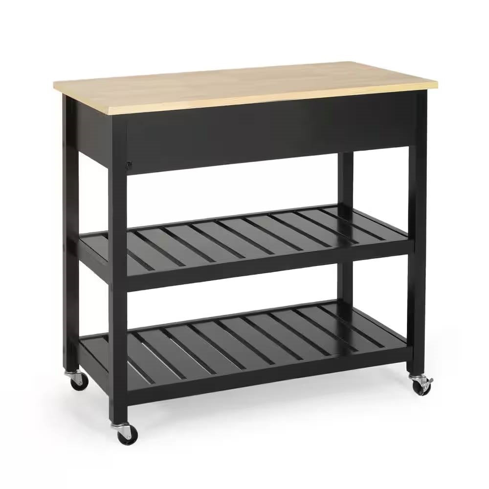 Modern Black Kitchen Island Cart with Wood Top 2 Drawers and 2 Bottom Shelves-4