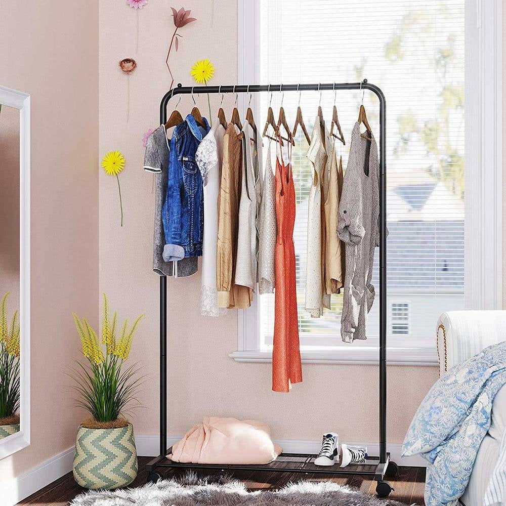 Simple Black Steel Tube Rolling Garment Clothes Rack with Bottom Mesh Shelf-3