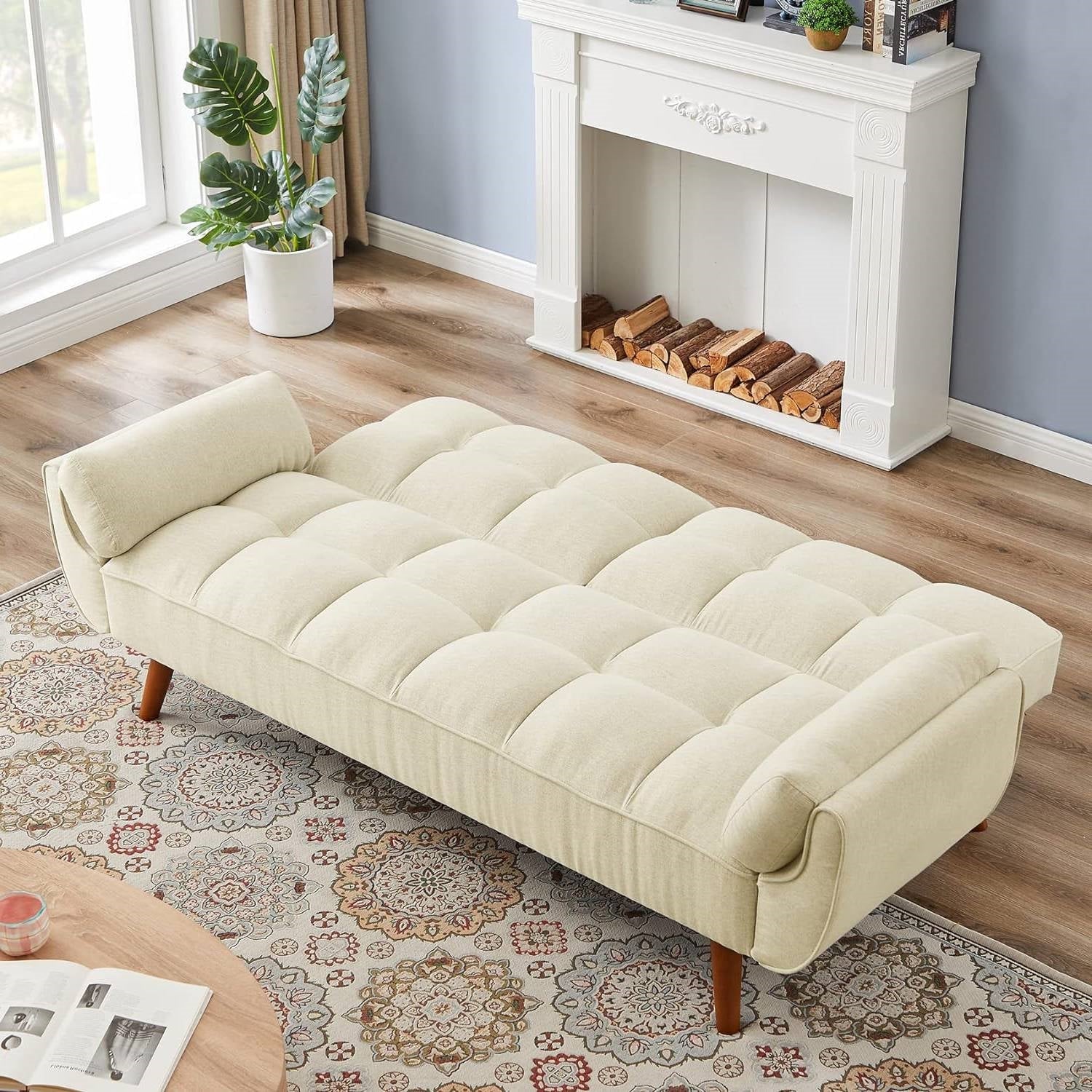 Mid-Century Modern Sleeper Sofa Bed in Beige Linen Polyester Tufted Upholstery-1