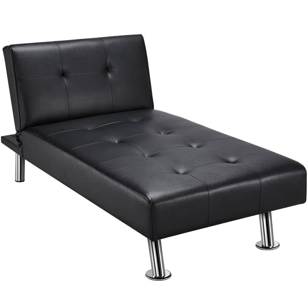 Black Modern Faux Leather Chaise Lounge Recliner Sleeper Sofa-0