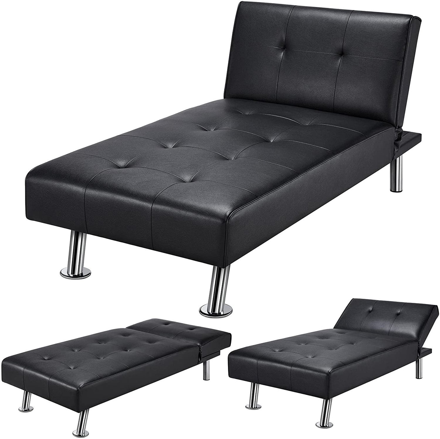 Black Modern Faux Leather Chaise Lounge Recliner Sleeper Sofa-2